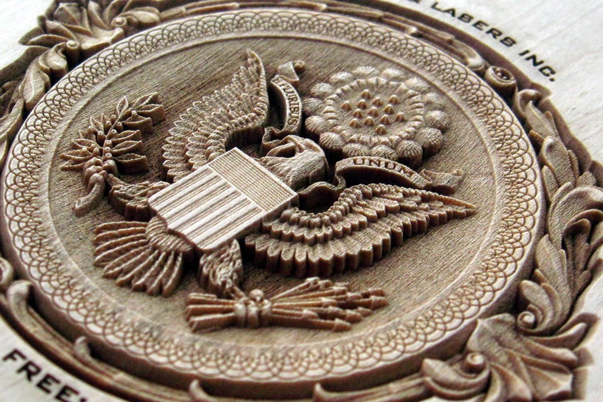 Deep 3D laser relief carving on solid timber